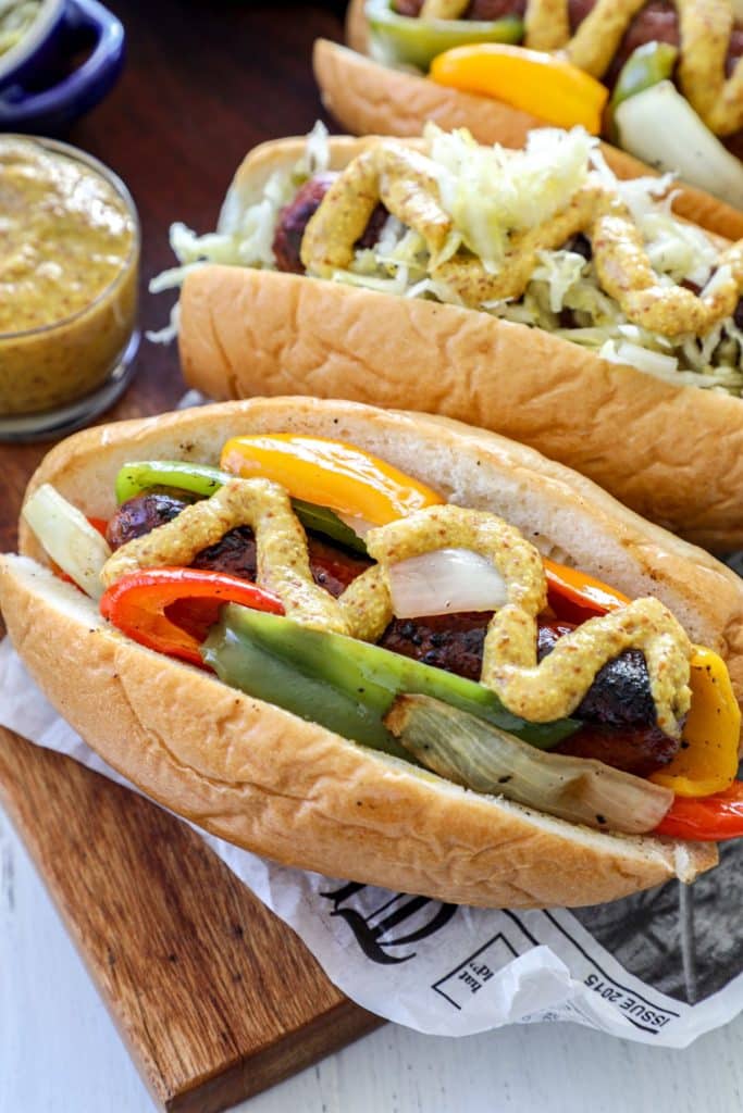 Chicago smoked sweet peppers on a smoked bratwurst