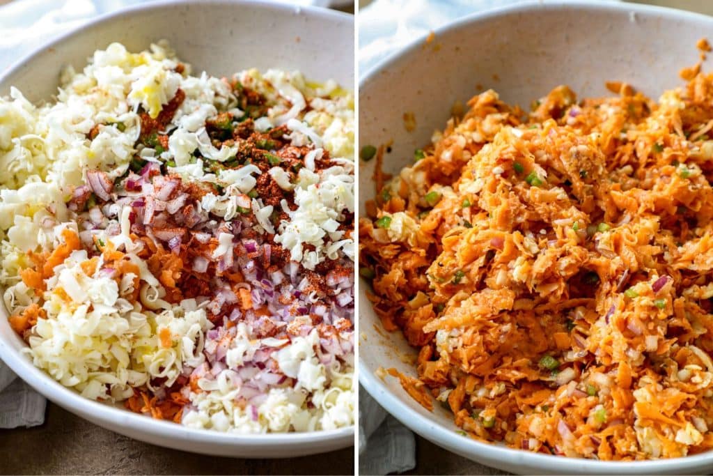 Making the sweet potato fritter batter and combining ingredients