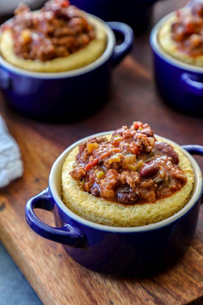 Smoked chili in a cornbread bowl