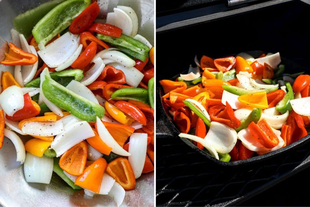 Sliced peppers in a bowl and peppers on the smoker