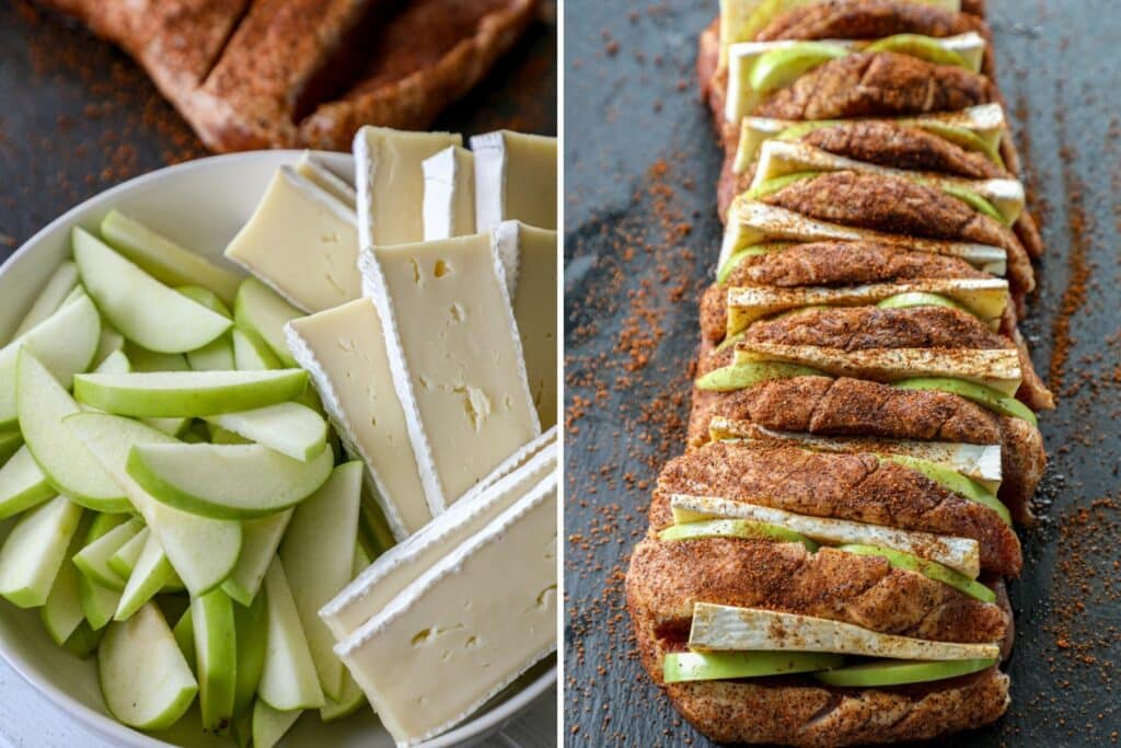 Adding the brie and apples into the pork loin roast