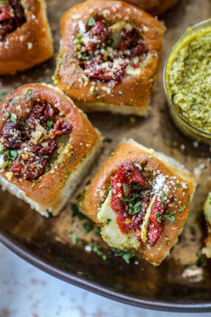 Brie Sliders Recipe with pesto and sundried tomatoes