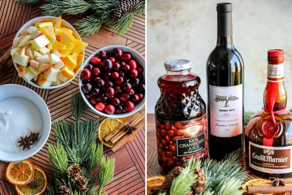 Easy cranberry sangria recipe ingredients in side by side photos.