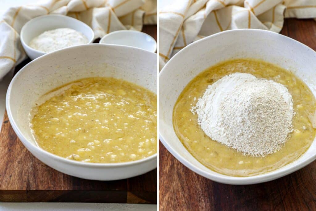 Step by step photos of mixing the muffin batter.
