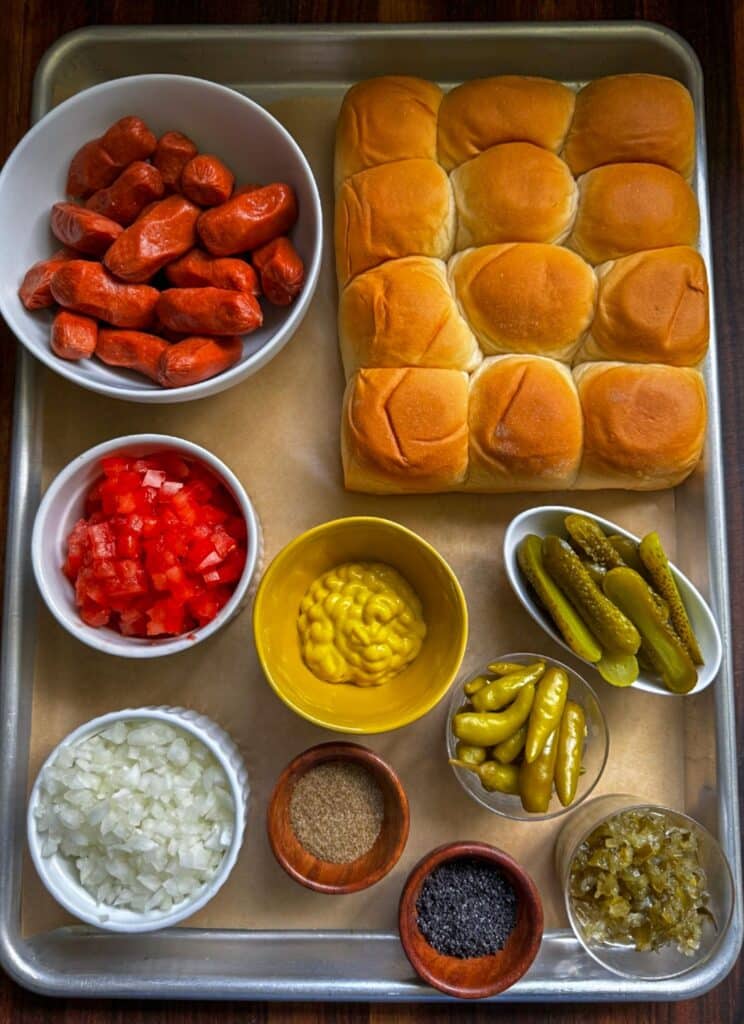 Mini Chicago dog ingredients on a tray