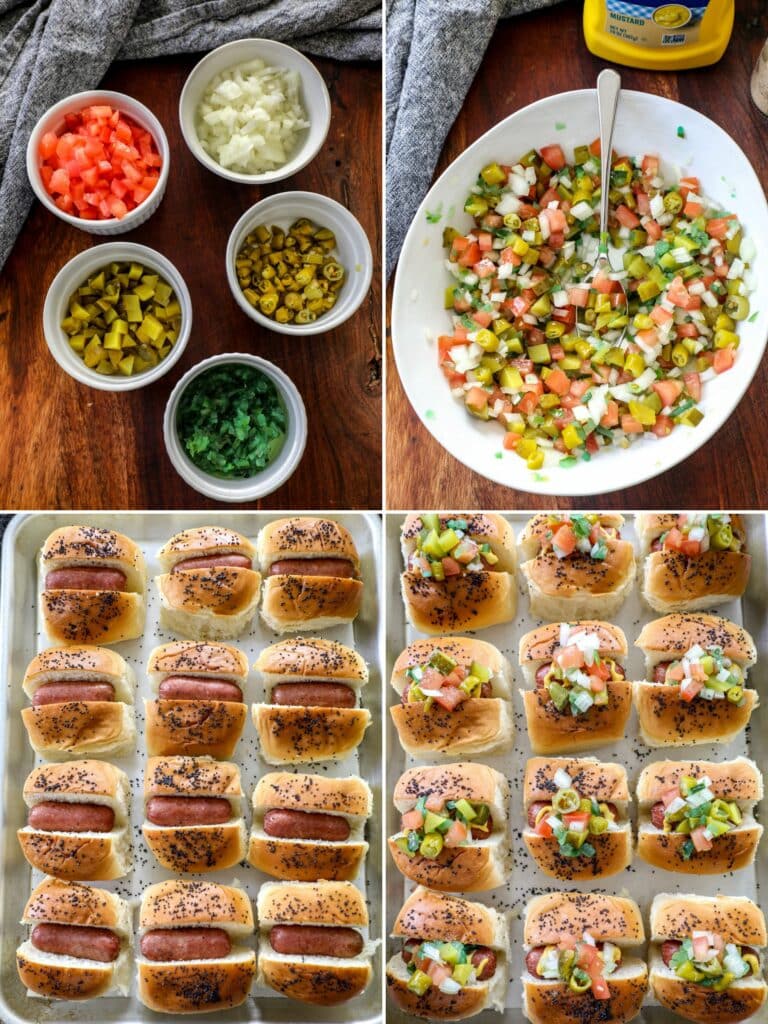 how to make mini chicago hot dog sliders