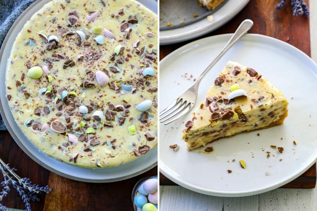 Side by side photos, left photo of whole Cadbury mini egg cheesecake and right photo of slice of cheesecake.