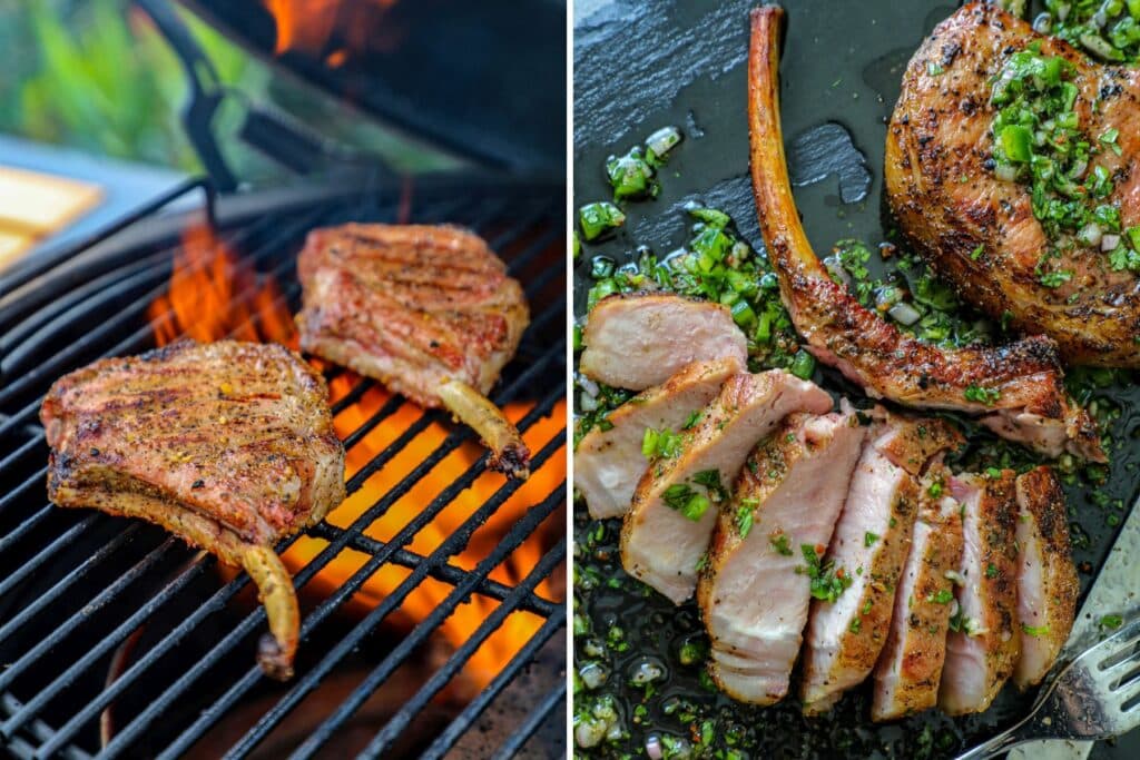 Tomahawk Pork chops reverse seared and smoked