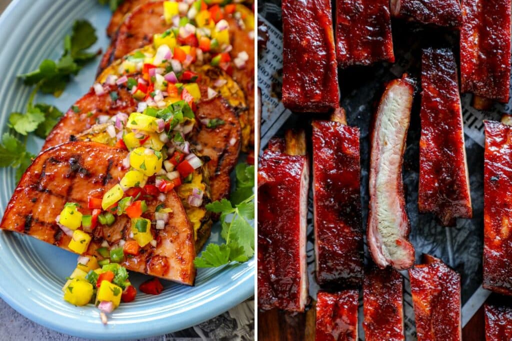 Side by side photos with the left photo of pork with a mango salsa on top and right photo of ribs.
