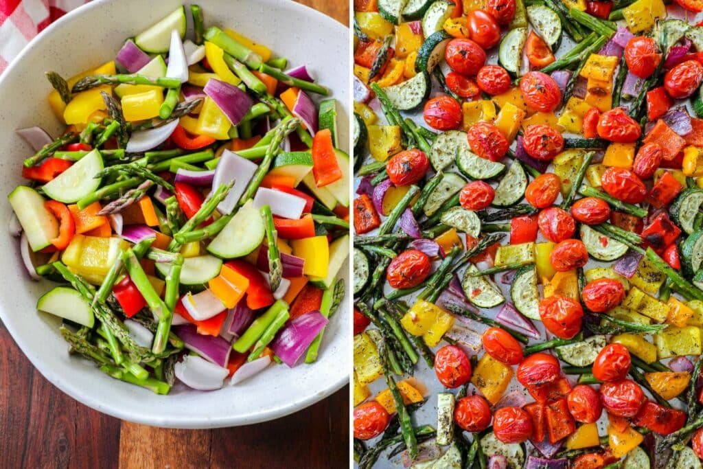 Side by side photos of how to make Italian roasted veggies