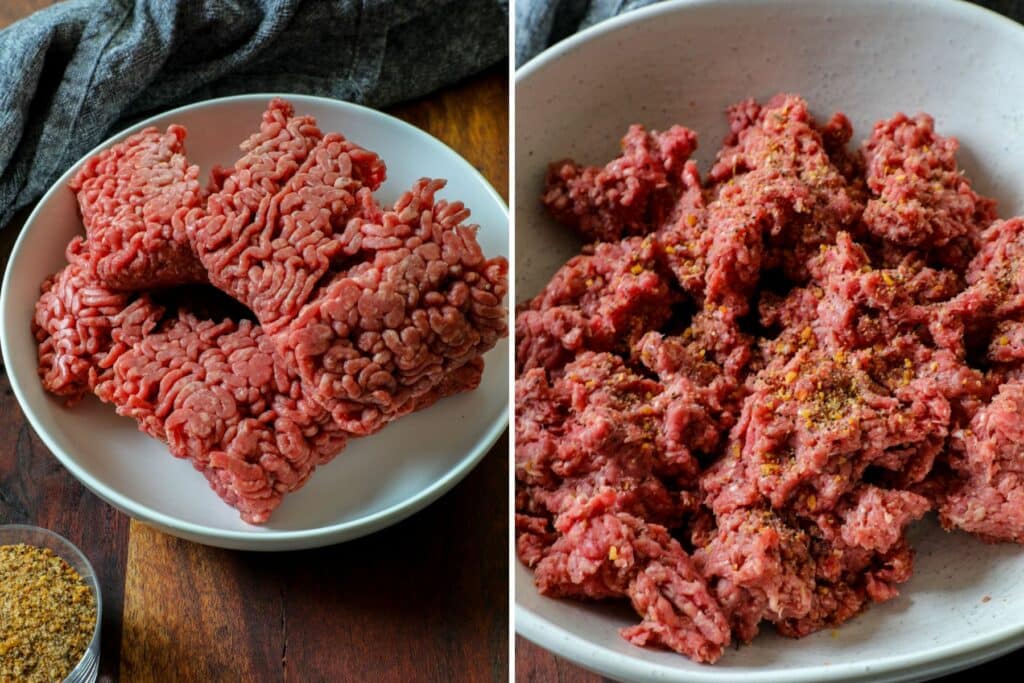 Side by side photos of ground chuck and ground chuck being seasoned in a mixing bowl.