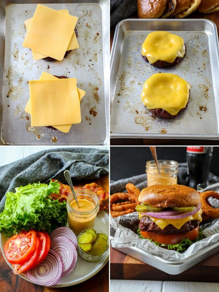 Smoked burgers assembled with toppings in four photos.