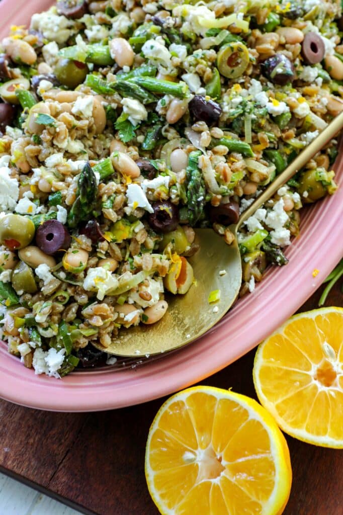 Toasted Faro and Leek Salad in a pink serving platter with a gold serving spoon.