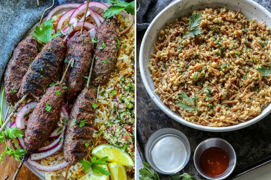 Food pairings for Armenian Tabbouleh salad in side by side photos.