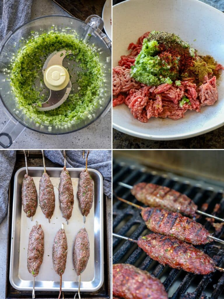 Steps for making Armenian beef kofta kebabs in side by side photos.