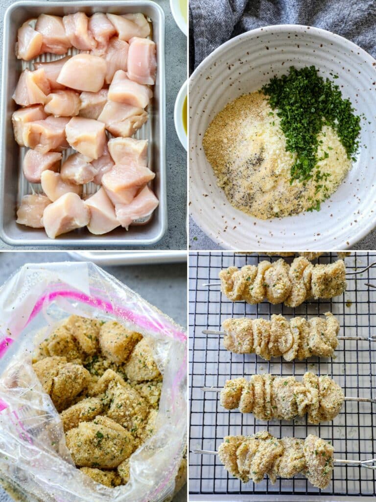 Steps for marinating and breading grilled chicken spiedini in side by side photos.