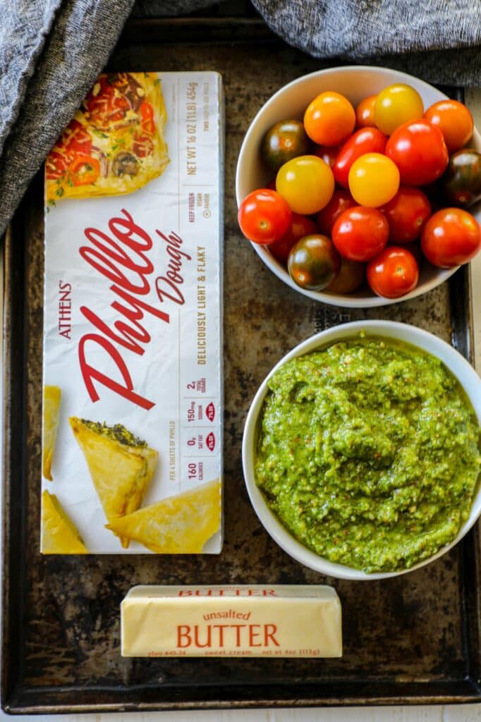 Tomato Pesto Phyllo Tart With Burrata ingredients
