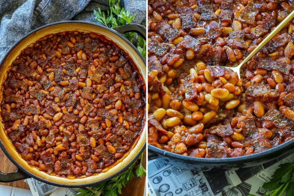 Left photo is an overhead shot of smoked baked beans in the skillet and right photo is close up with a spoon in the beans.