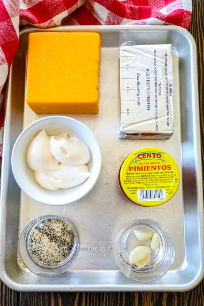 Smoked Pimento Cheese Dip ingredients on a silver baking sheet