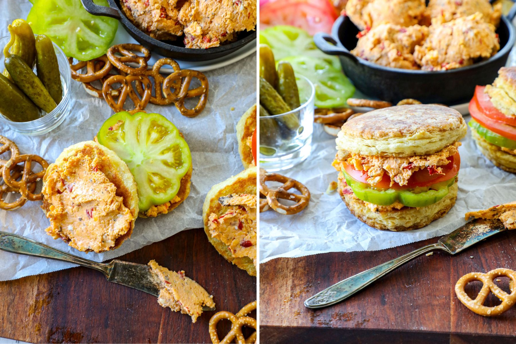 Smoked pimento cheese dip on a biscuit with tomato