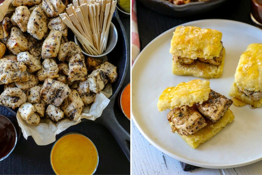 Side by side photos with chicken nuggets on a serving platter in the left photo and chicken in biscuits in the right photo.
