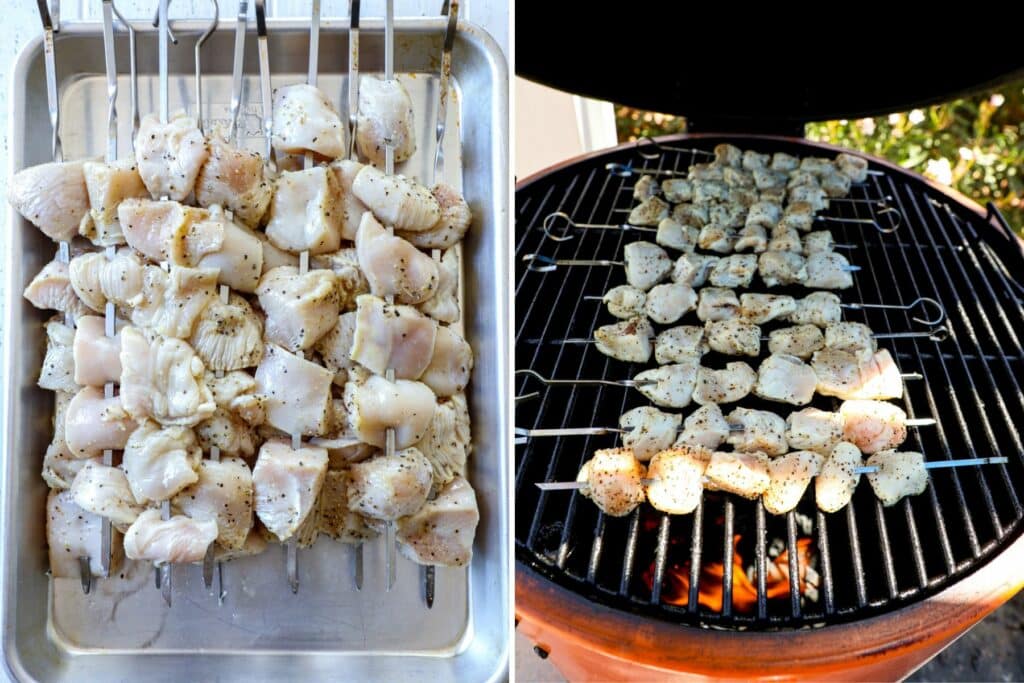 How to grill chicken nuggets on the grill in side by side photos.