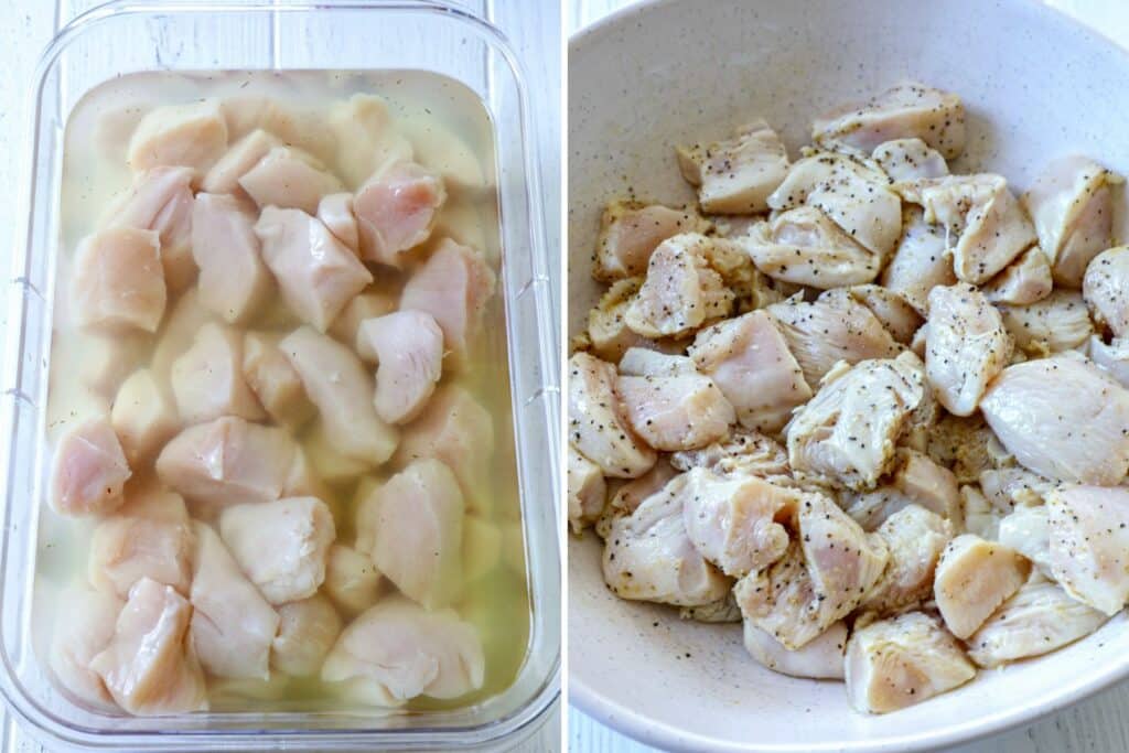 How to prep grilled chicken nuggets in side by side photos.