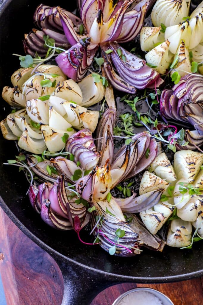 Smoked Onions in a cast iron skillet.