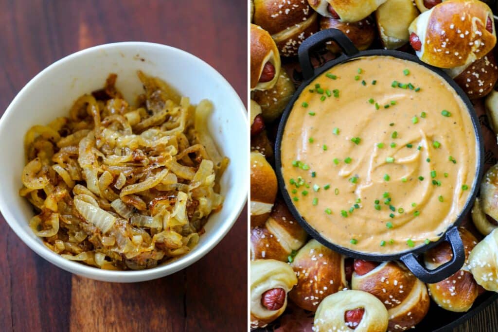 What to serve with brat burgers in side by side photos.