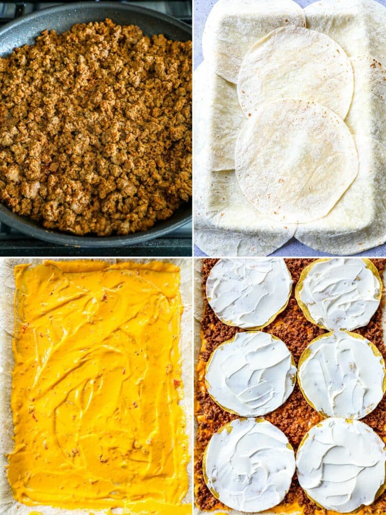 steps for making a sheet pan crunchwrap supreme in step by step photos.