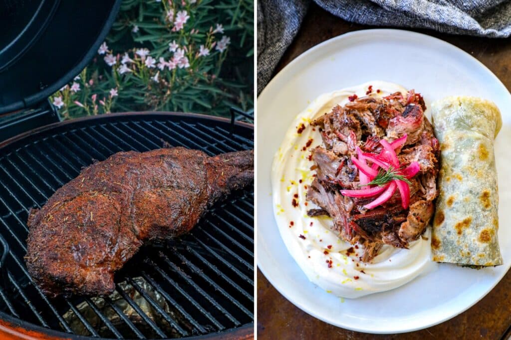 Smoked Leg Of Lamb (Pulled Lamb) photos side by side.