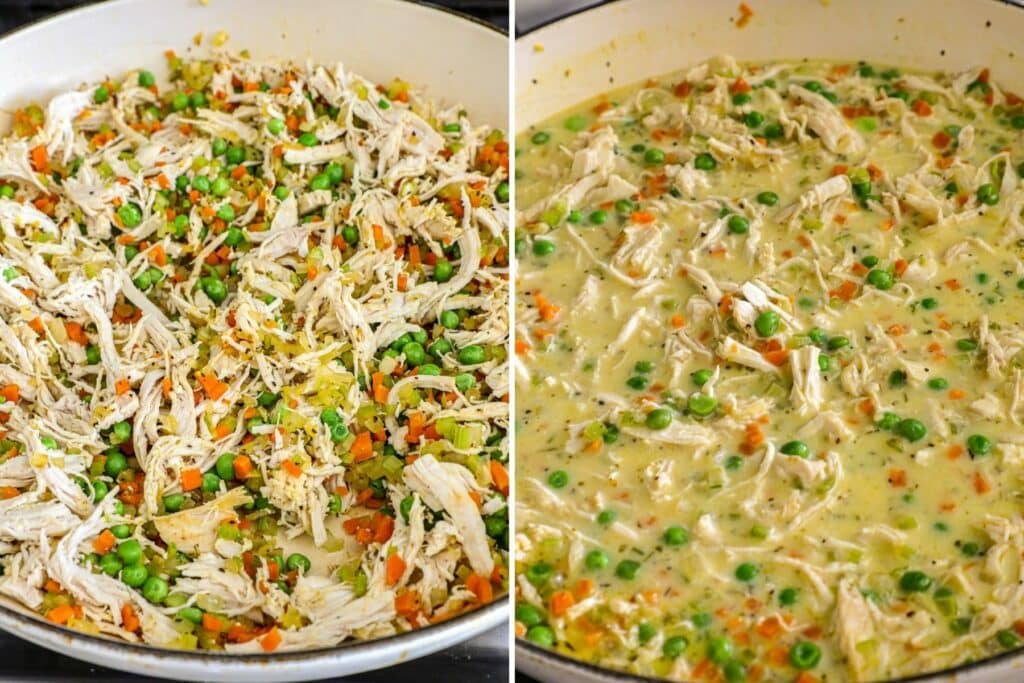 Steps for making the chicken filling in side by side photos.