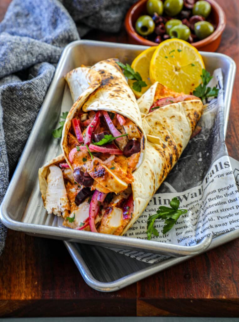 Tirokafteri Dip in a chicken wrap