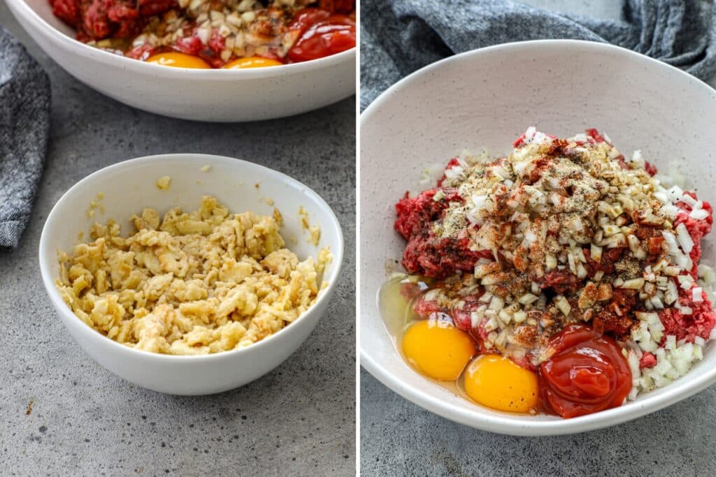 Mixing the ingredients to make the smoked meatloaf