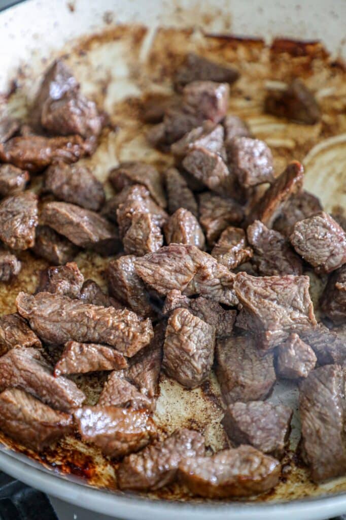 Searing the beef for the stew