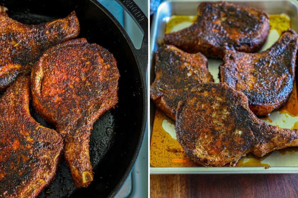 Pan searing and oven roasting the blackened pork chops
