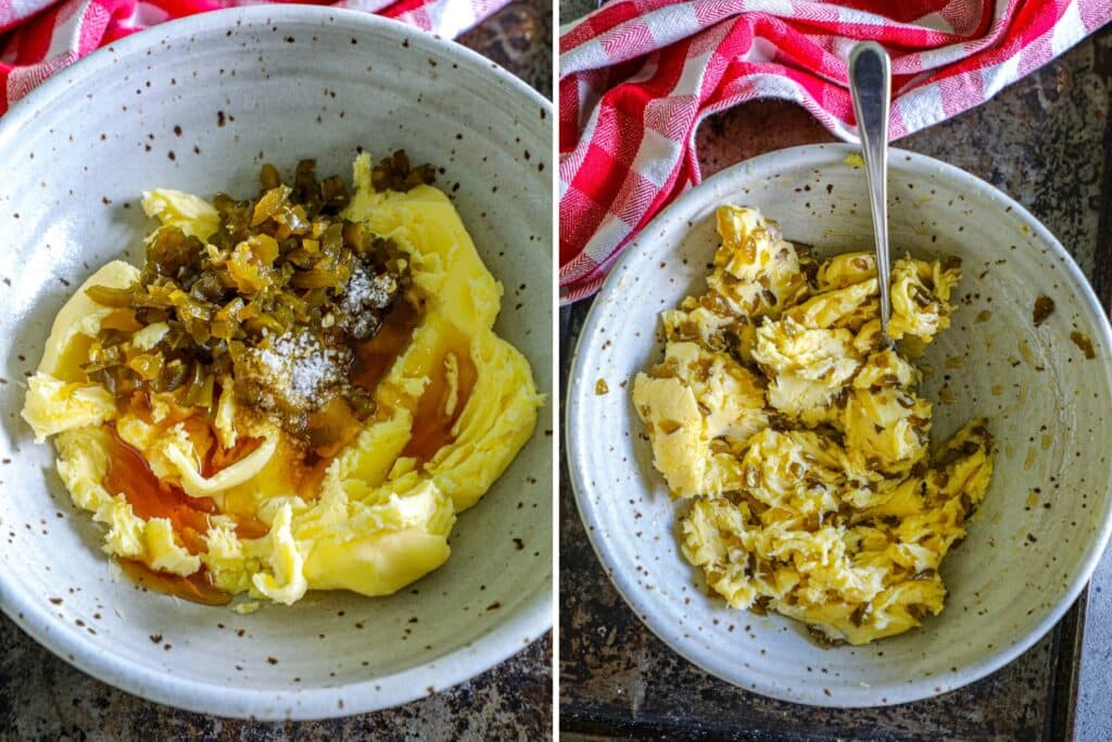Making jalapeno honey butter in a mixing bowl.