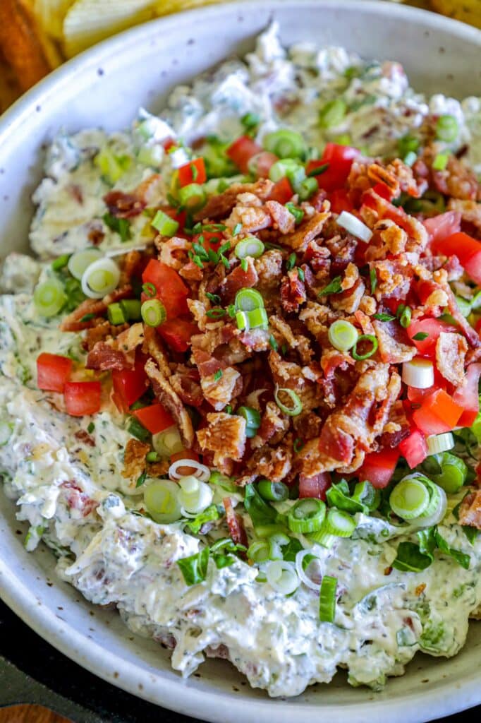 Smoked BLT Dip Recipe served in a serving bowl.