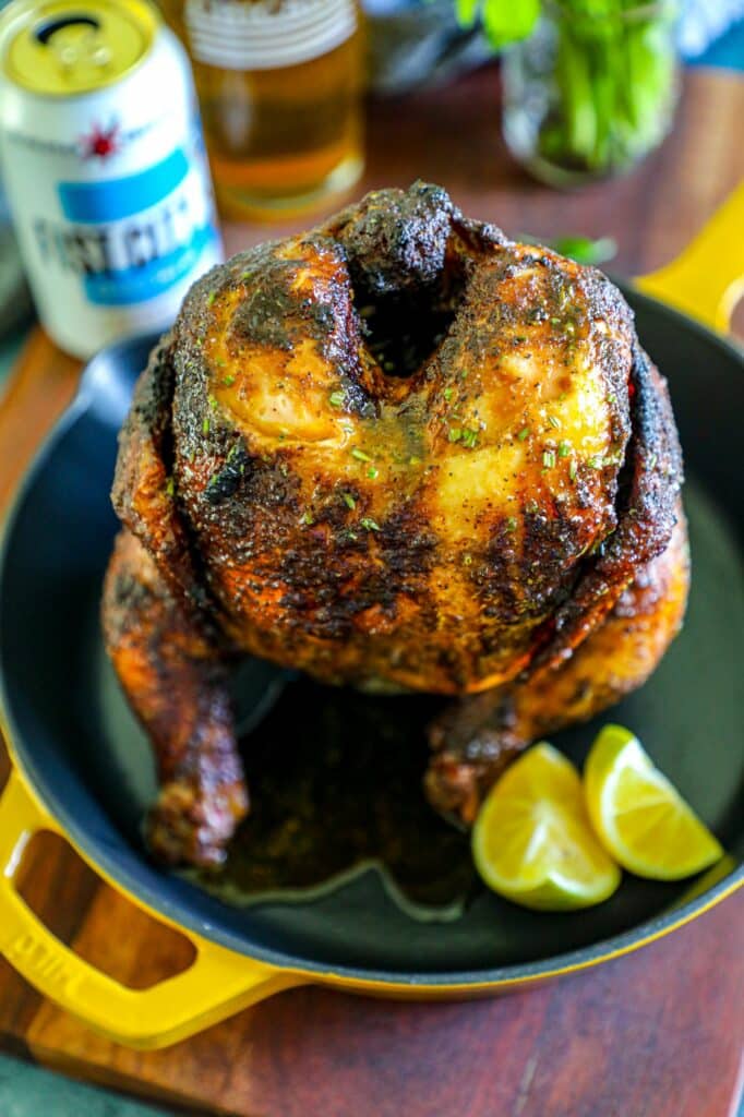 Smoked Beer Can Chicken Recipe in a skillet.