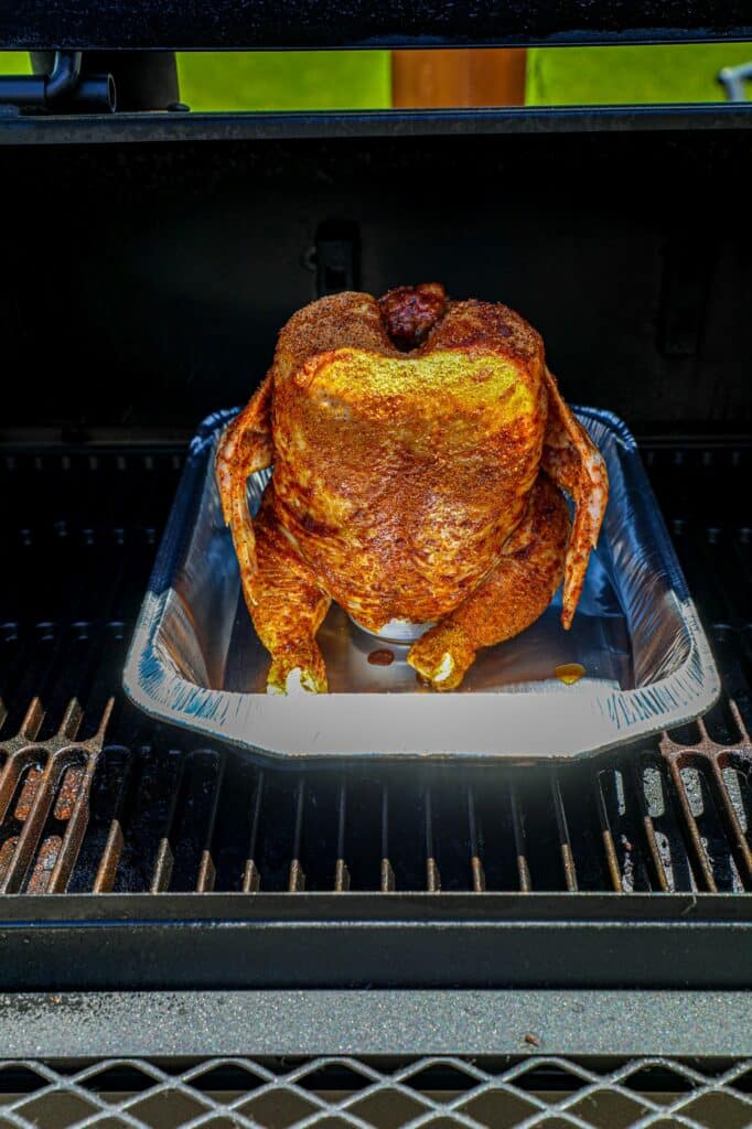 Beer can chicken on the smoker