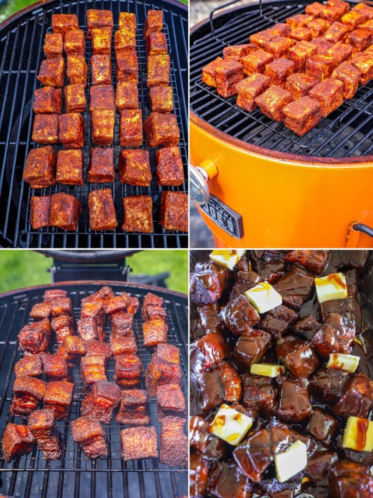 Smoking the pork belly burnt ends on the grill and adding sauce