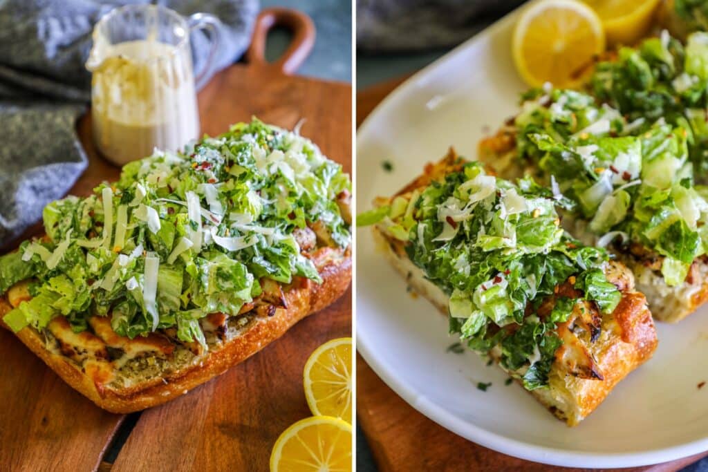 Chicken caesar garlic bread on a wooden background.