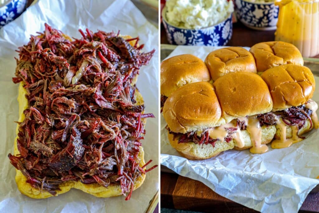 Assembling the smoked pulled beef sliders