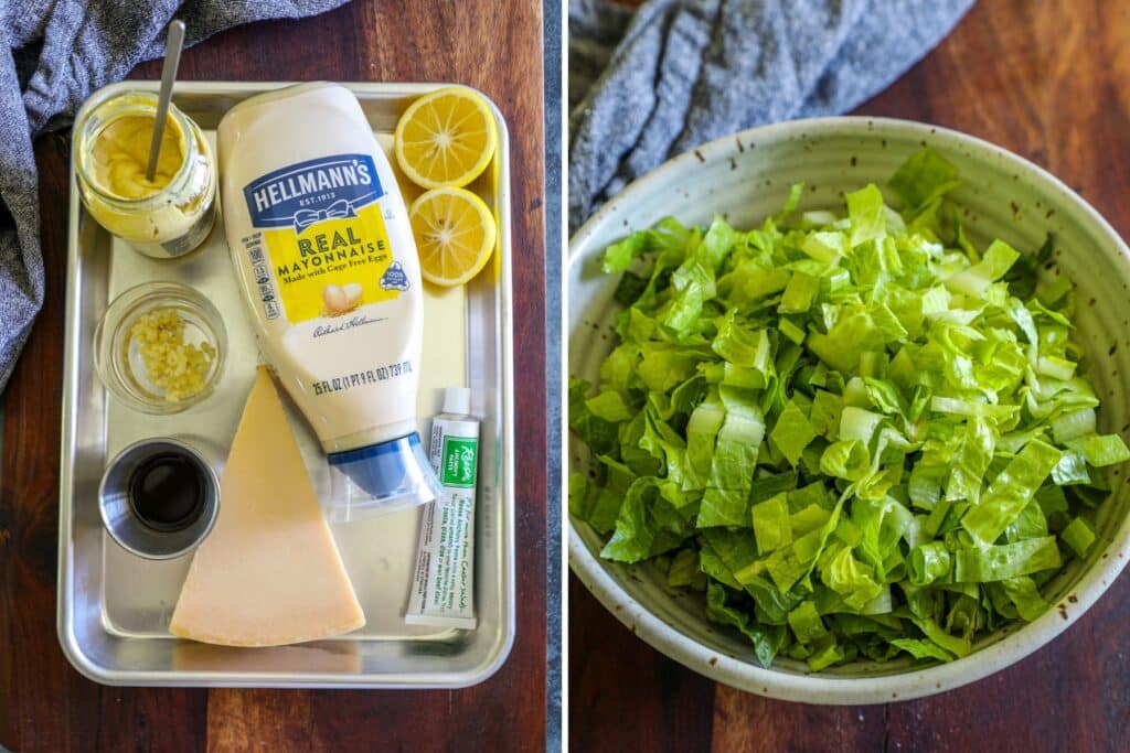 Homemade Caesar dressing and lettuce ingredients