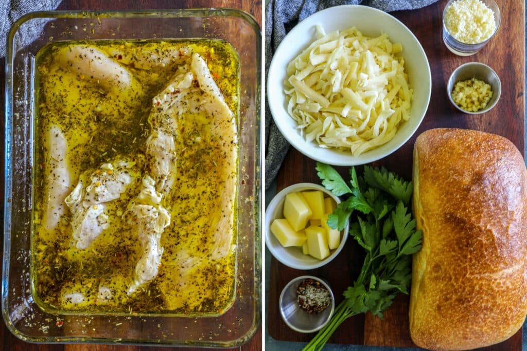 Garlic bread and chicken ingredients on a baking sheet