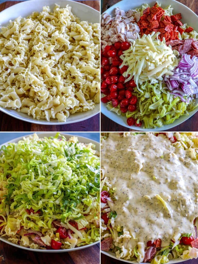 Assembling the grinder pasta salad in a bowl