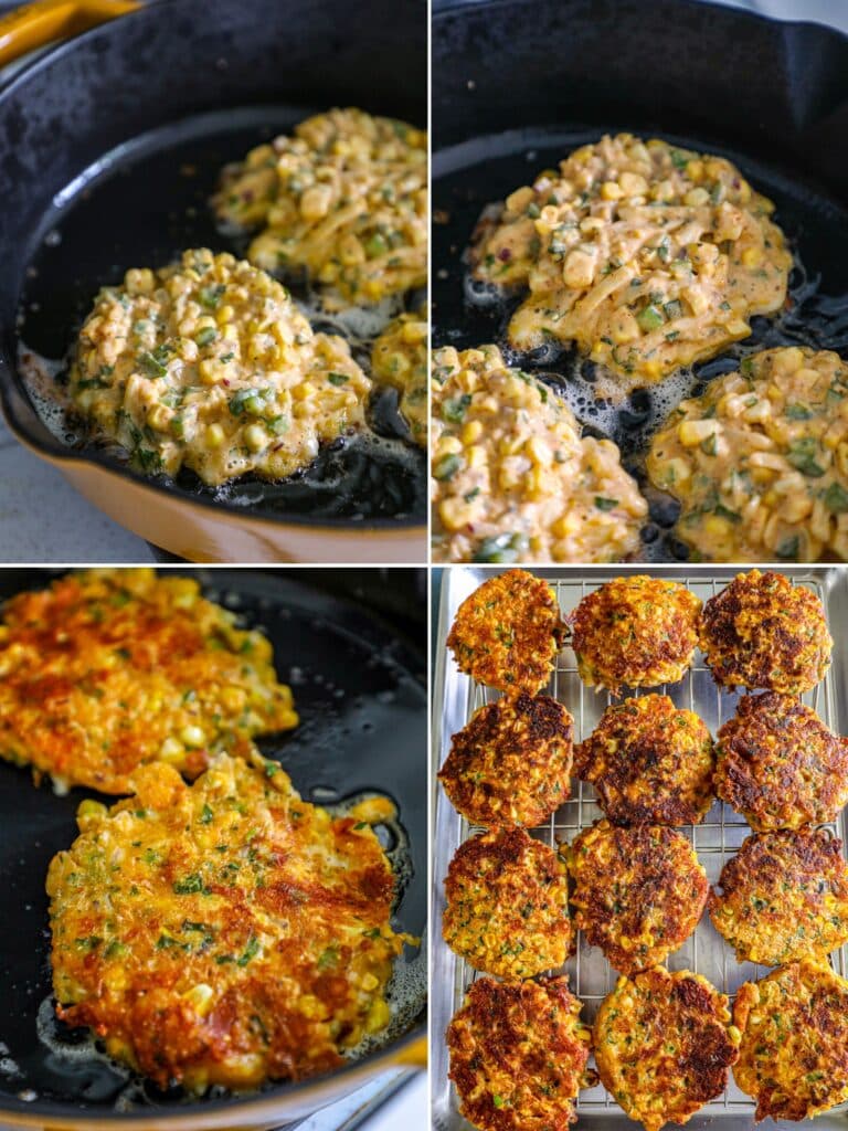 Frying the elote corn fritters