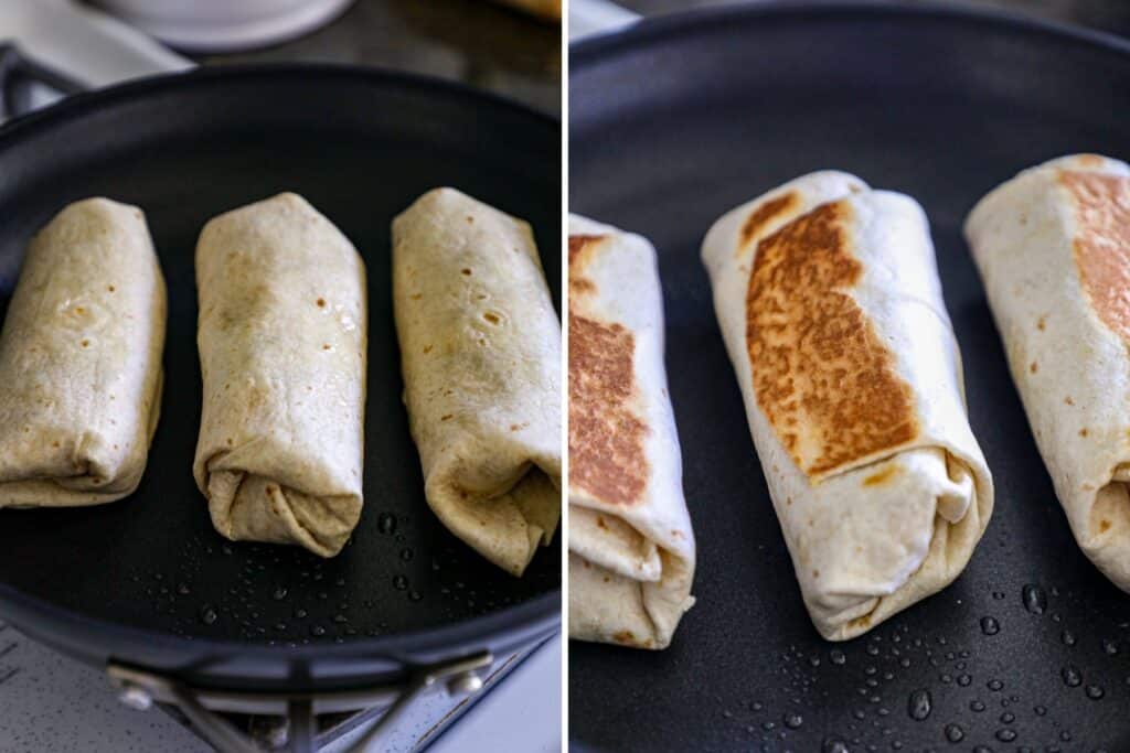 Toasting the breakfast burritos