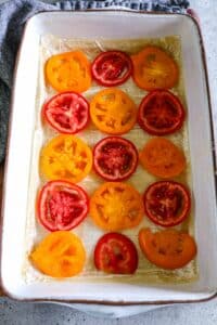 Sliced tomatoes over phyllo