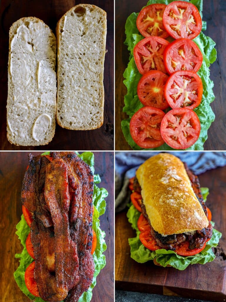 Making the crispy pork belly sandwich with lettuce and tomato